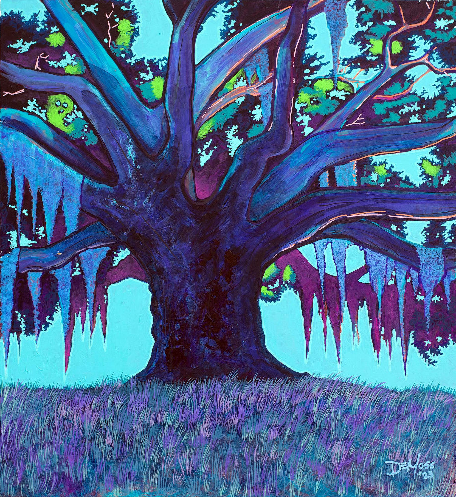 A vibrant artistic print of a large oak tree with a blue and purple background, surrounded by hanging icicles.