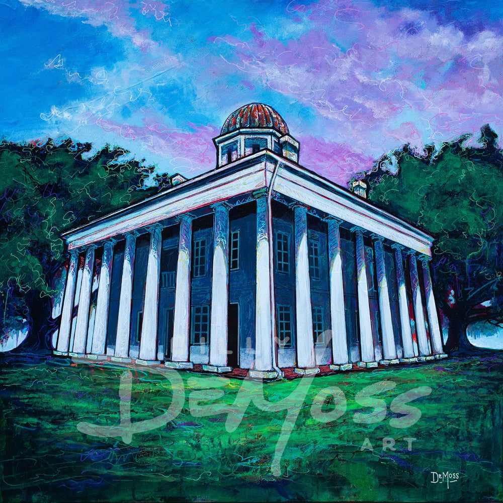 A colorful artistic print of the East Feliciana Parish courthouse with a white border, representing the town's 200th anniversary celebration.