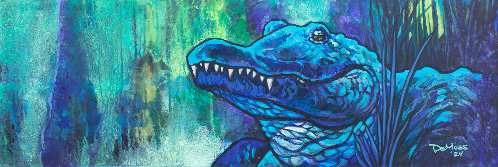 A colorful artistic print featuring an alligator in a grassy setting with a predominantly blue alligator and a greenish-blue background.
