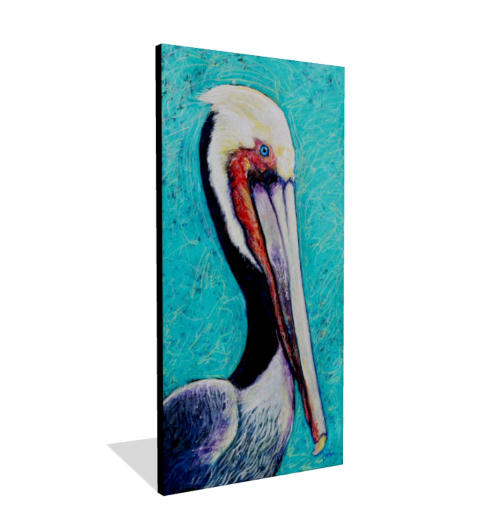 Canvas print of a pelican on a blue textured background
