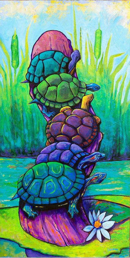 Colorful painting of four stacked turtles on a rock with a flower and grass in the background.