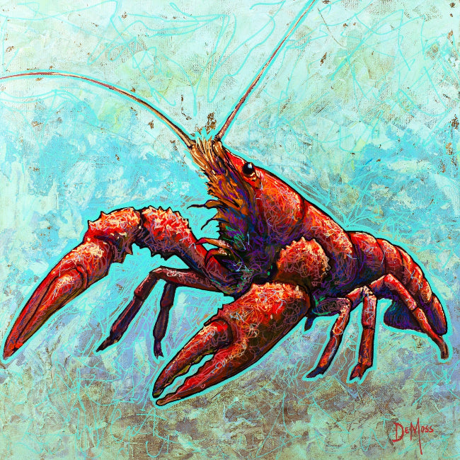 Colorful painting of a crawfish on a textured blue and green background