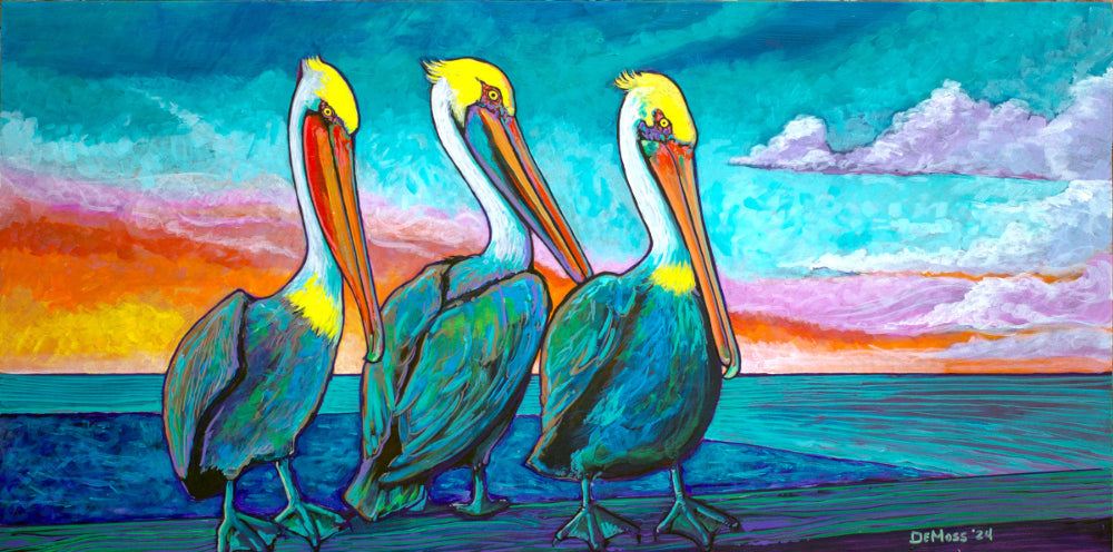 A colorful painting of three pelicans standing on a railing with a vibrant sunset and cloudy sky in the background.