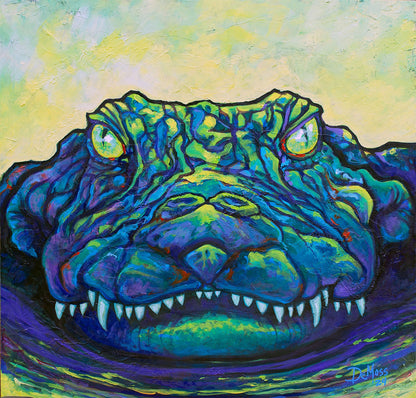 A colorful artistic print of an alligator with a predominantly green and blue color palette, depicted in a stylized and abstract manner.