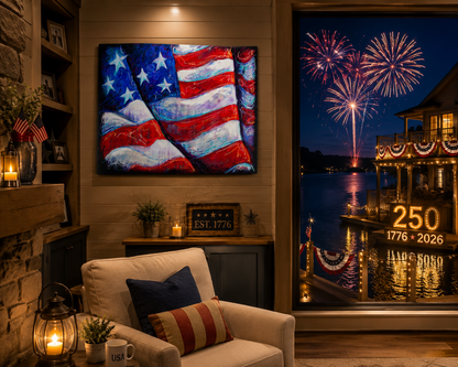 Living room with American flag painting, fireplace, and view of fireworks over water.
