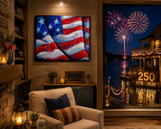 Living room with American flag painting, fireplace, and view of fireworks over water.
