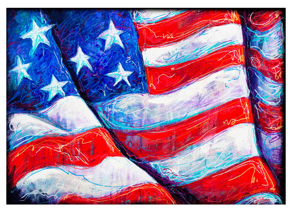 Abstract painting of an American flag with wavy lines.