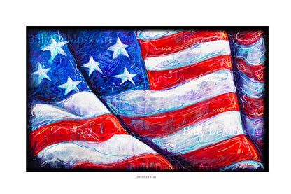 Painting of an American flag with a signature at the bottom right corner.