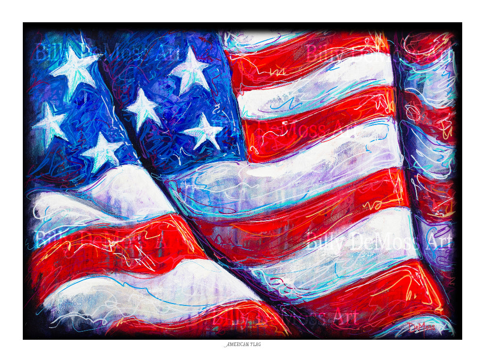 Abstract painting of an American flag with wavy lines