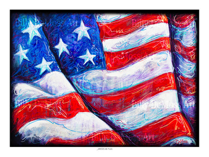 Abstract painting of an American flag with wavy lines