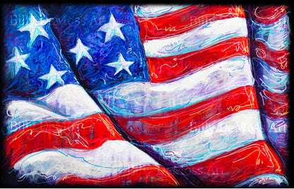 Abstract painting of an American flag with wavy lines and bright colors.