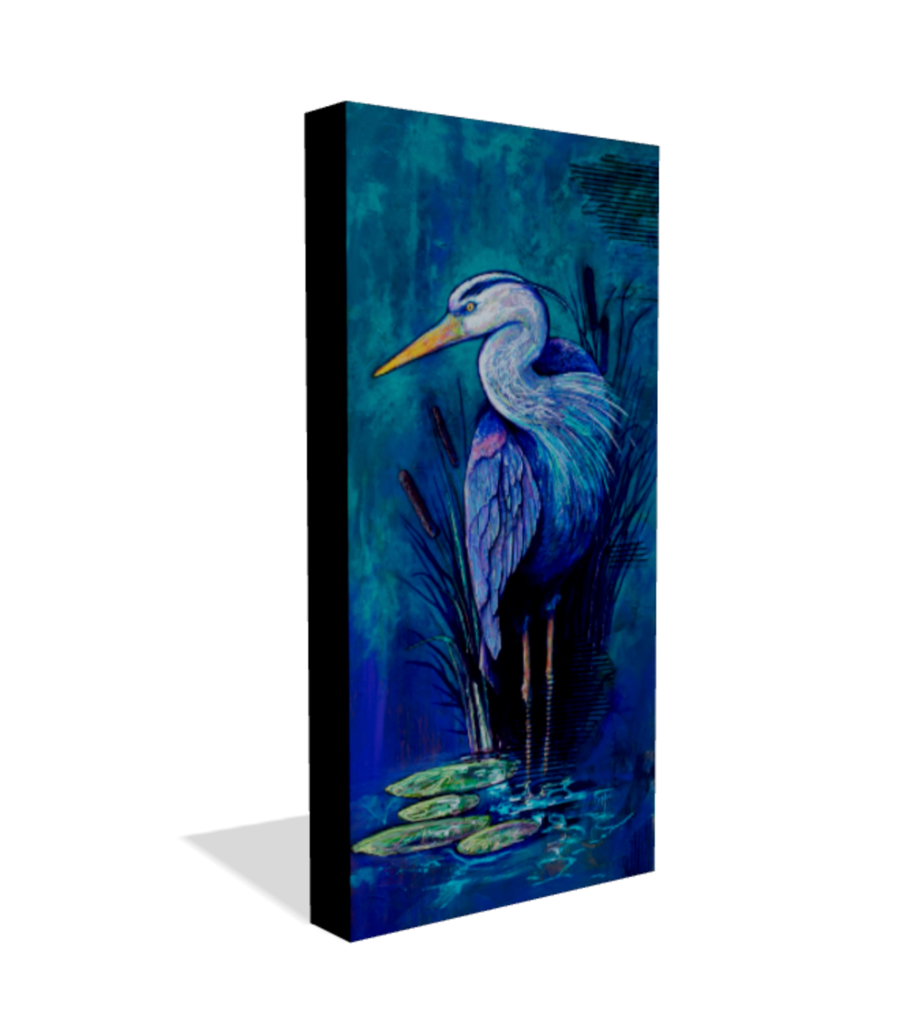 Canvas print of a heron in a natural setting with blue and green tones.