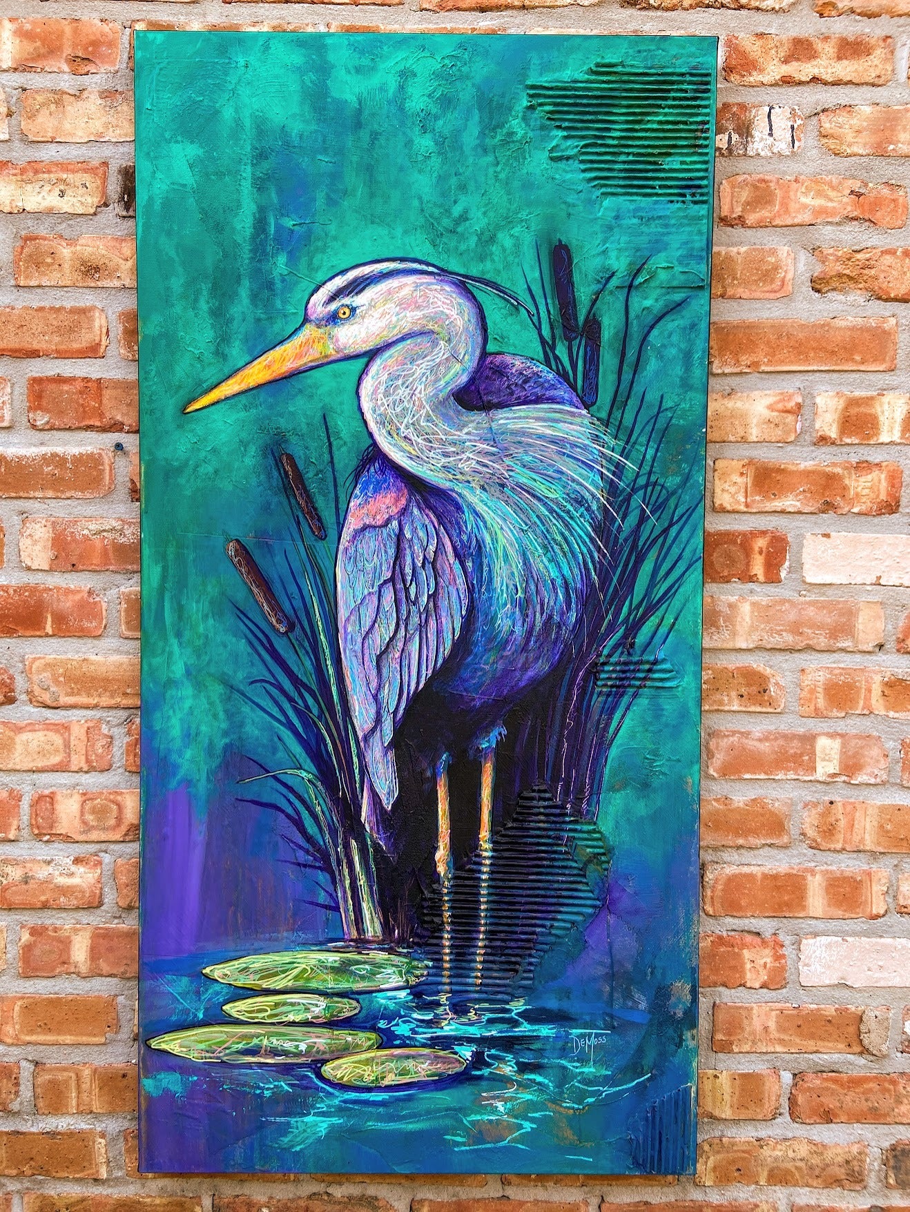 Colorful painting of a blue heron in cattails – vibrant wildlife art featuring bold colors and serene wetland scenery. Perfect for nature and bird lovers.