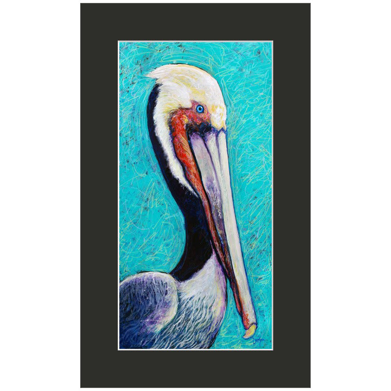 Painting of a pelican on a blue background with a black frame