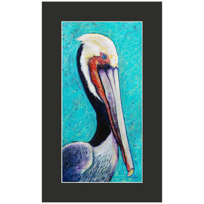 Painting of a pelican on a blue background with a black frame