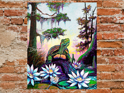 Turtle Sunrise | Turtle Wall Art Print, Louisiana Swamp Print,
